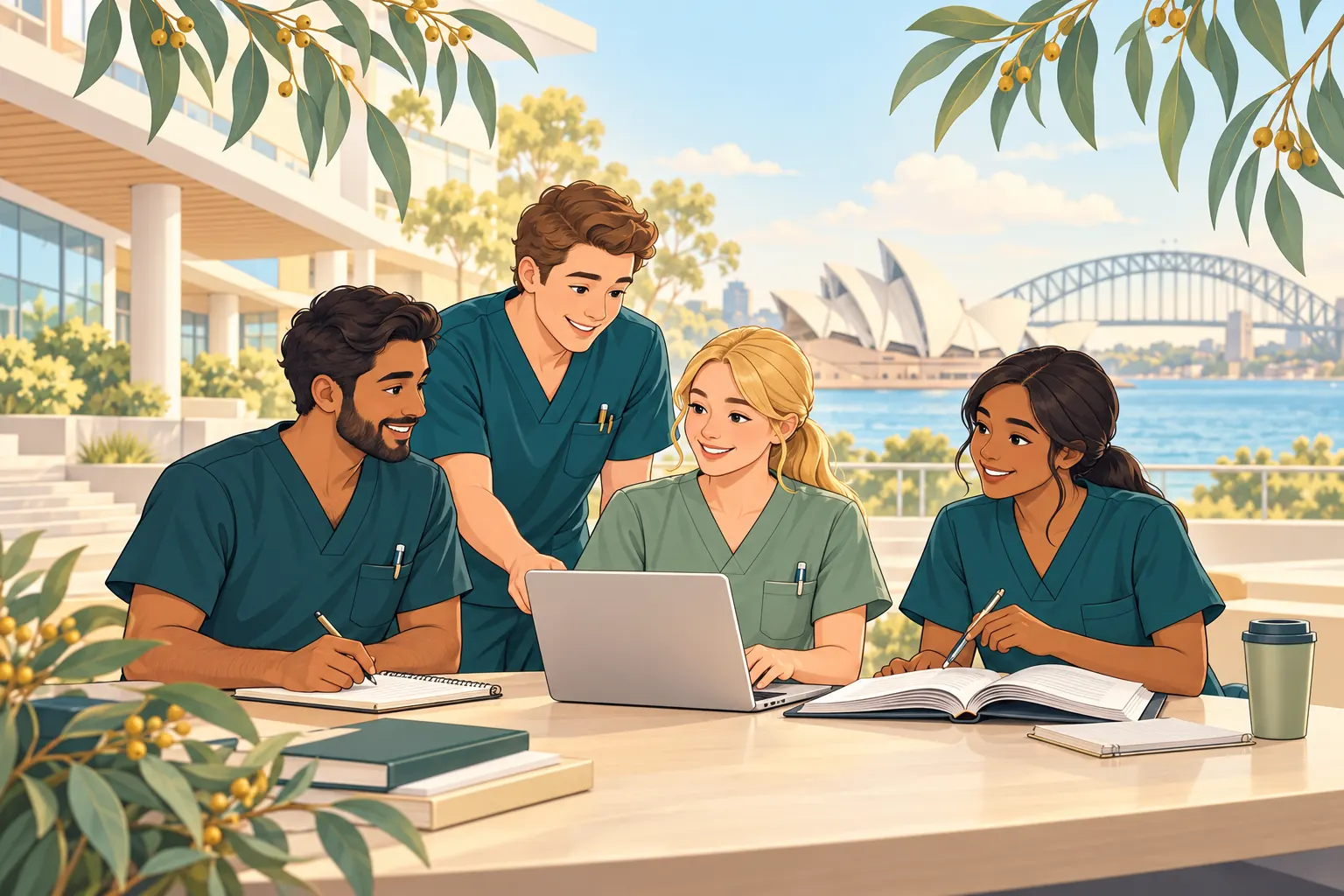 Four nursing students sharing notes